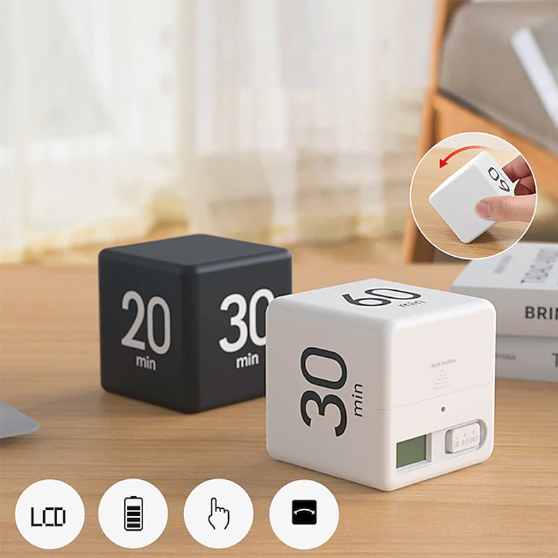 Portable Digital Cube Timer with Gravity Flip Countdown and Adjustable Alarm