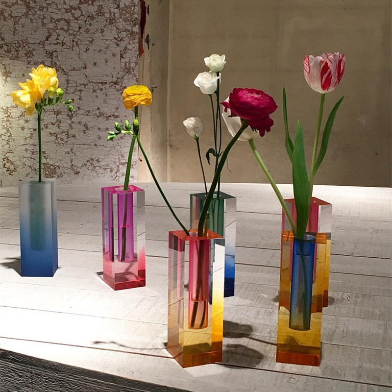 Prism Acrylic Vase and Desk Organiser with Geometric Design and Rainbow Light Effect