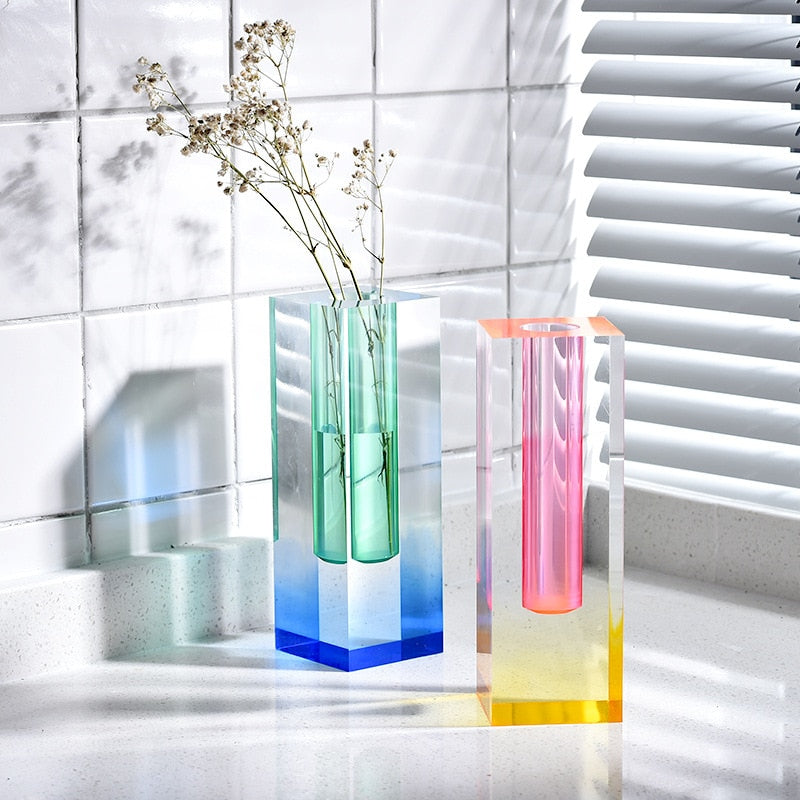 Prism Acrylic Vase and Desk Organiser with Geometric Design and Rainbow Light Effect