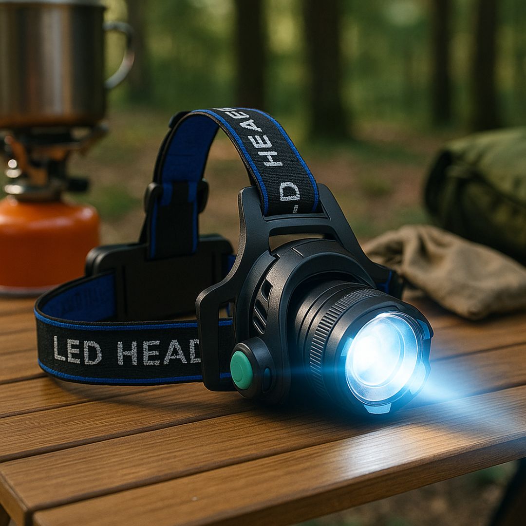 Rechargeable LED Headlamp with Adjustable Focus and 90 Degree Tilt