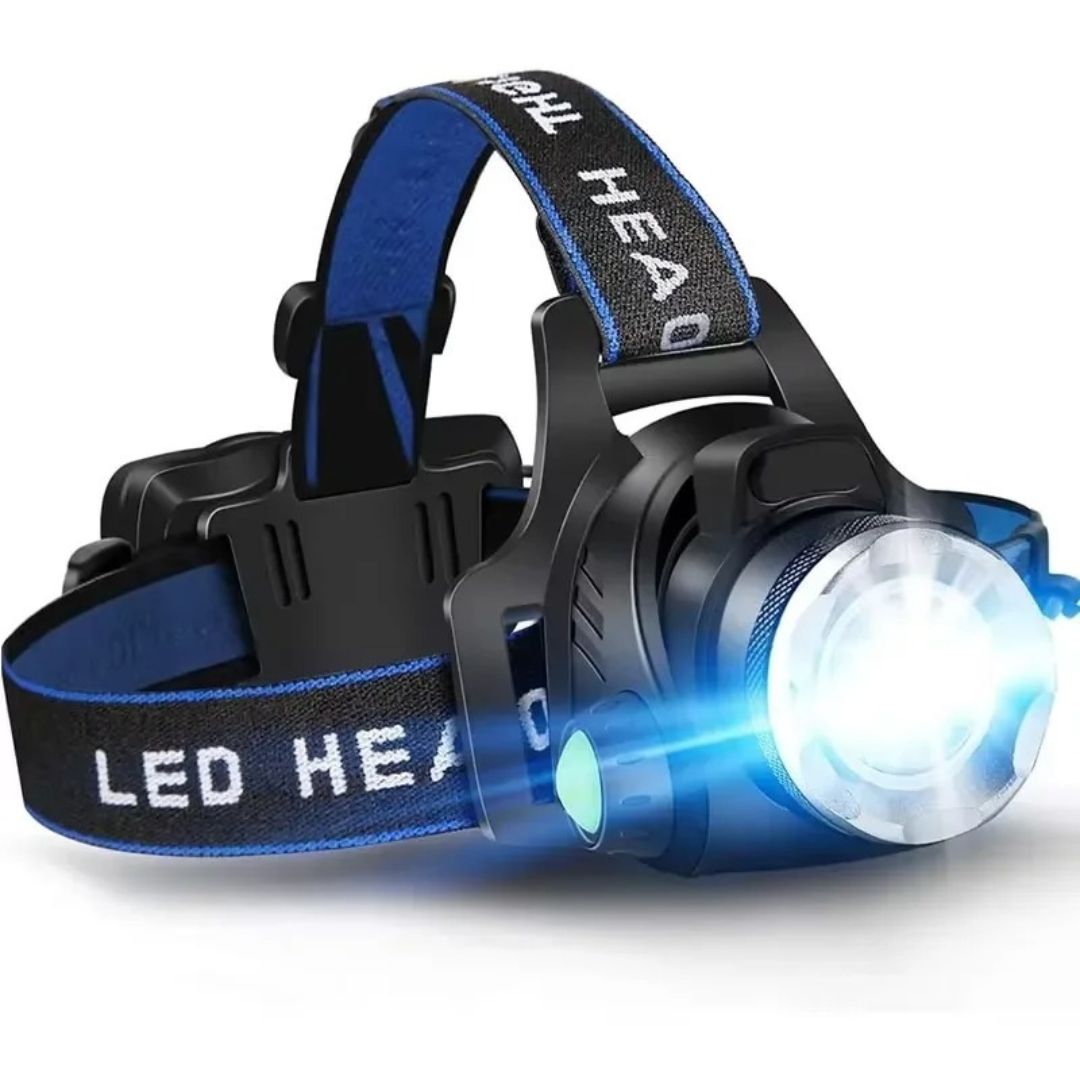 Rechargeable LED Headlamp with Adjustable Focus and 90 Degree Tilt