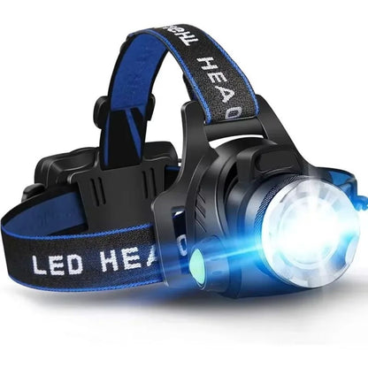 Rechargeable LED Headlamp with Adjustable Focus and 90 Degree Tilt