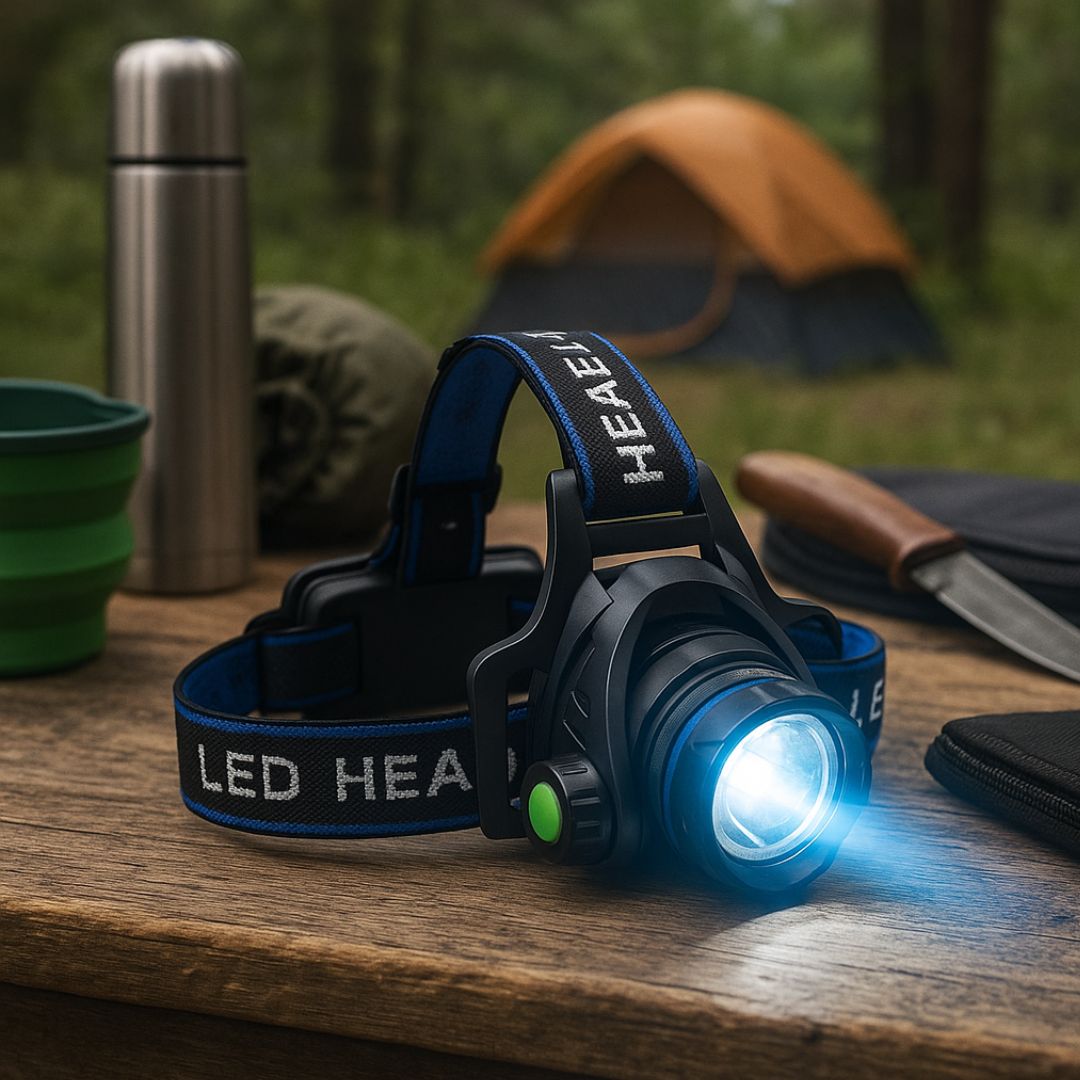 Rechargeable LED Headlamp with Adjustable Focus and 90 Degree Tilt