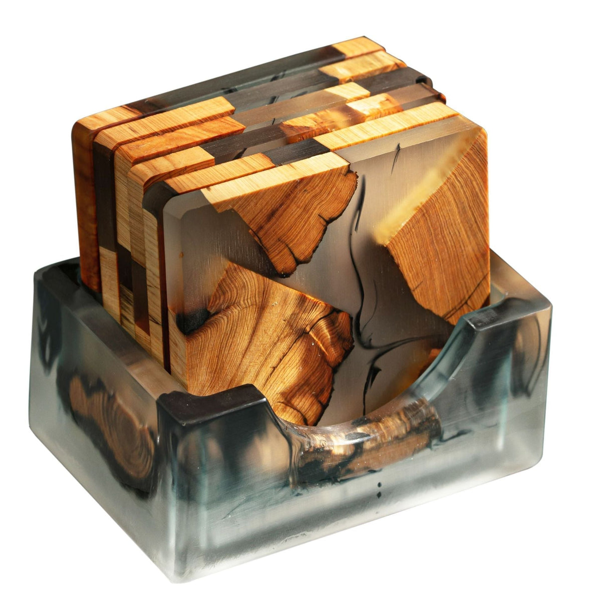 Resin Coaster Set with Wooden Storage Box – Minimalist Square Table Accessory
