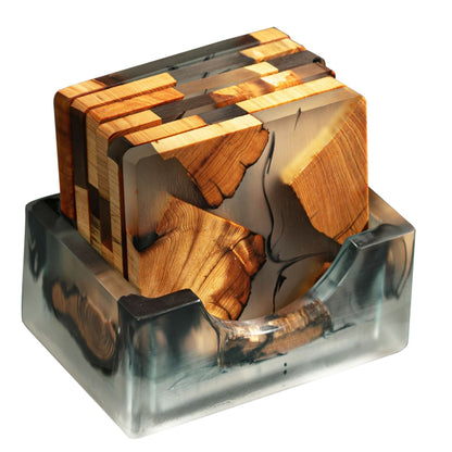 Resin Coaster Set with Wooden Storage Box – Minimalist Square Table Accessory
