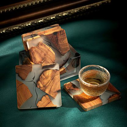Resin Coaster Set with Wooden Storage Box – Minimalist Square Table Accessory
