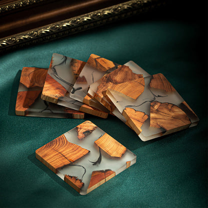 Resin Coaster Set with Wooden Storage Box – Minimalist Square Table Accessory
