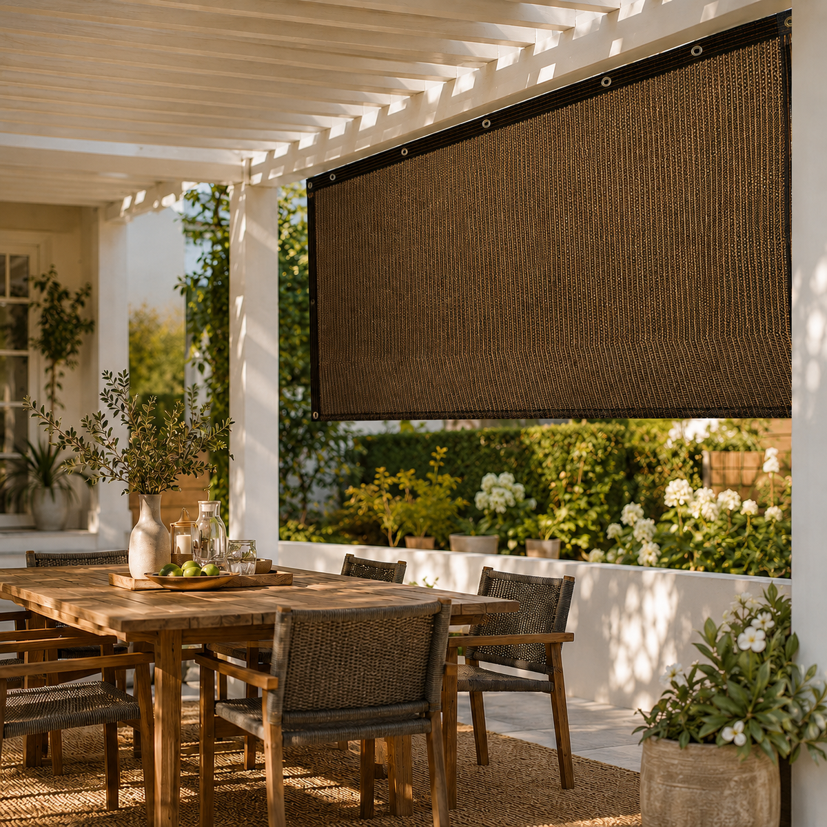 Retractable Side Shade Panel with Reinforced Edges for Outdoor Privacy