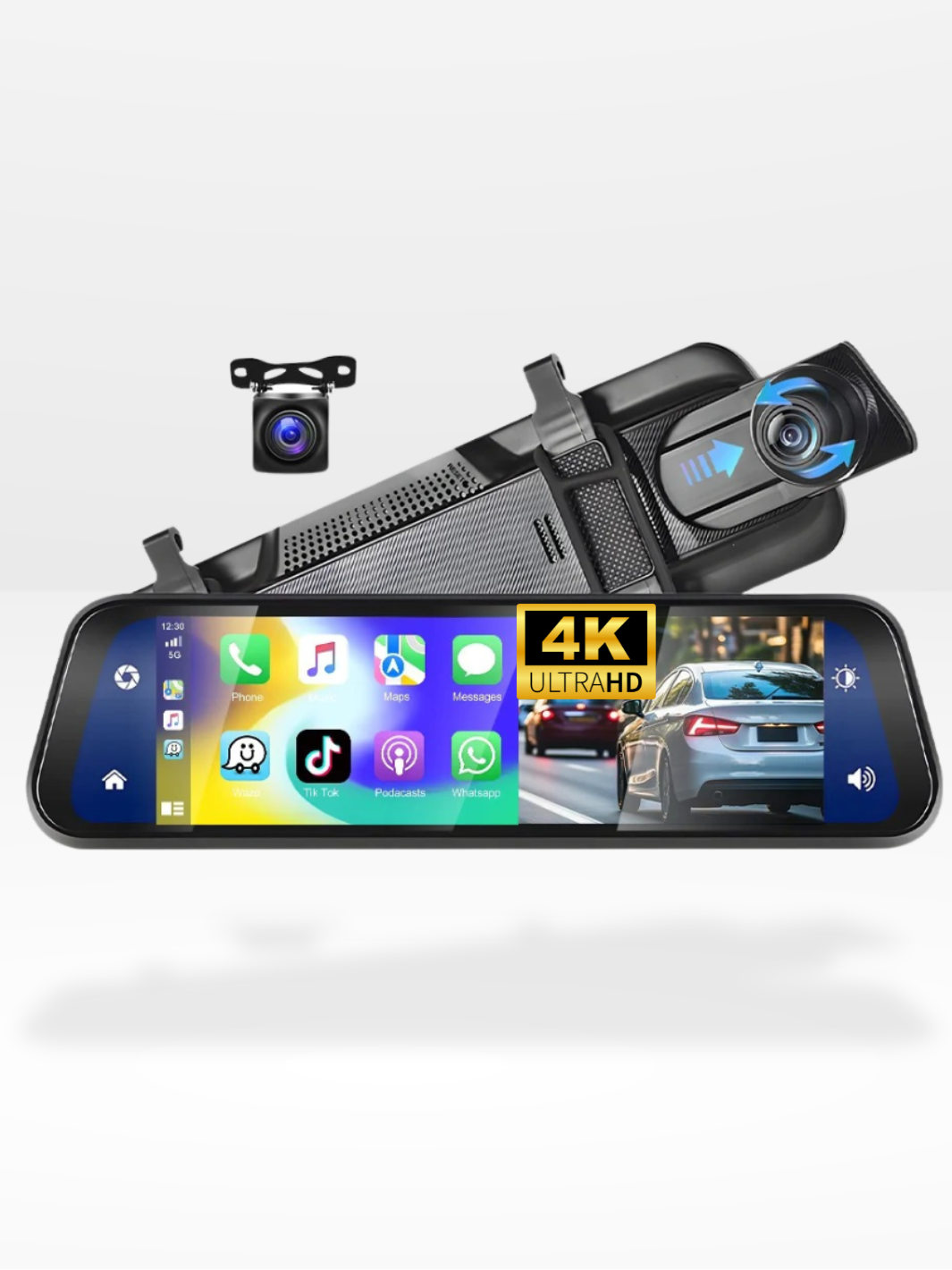 4K Front Rear Dash Cam Mirror with CarPlay Driving Assistant