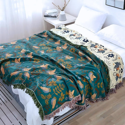 Reversible 100% Cotton Muslin Throw with Hand-Stitched Nature Pattern