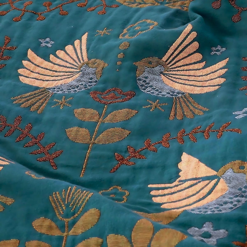 Reversible 100% Cotton Muslin Throw with Hand-Stitched Nature Pattern