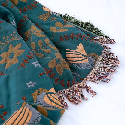 Reversible 100% Cotton Muslin Throw with Hand-Stitched Nature Pattern