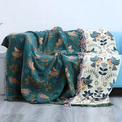 Reversible 100% Cotton Muslin Throw with Hand-Stitched Nature Pattern