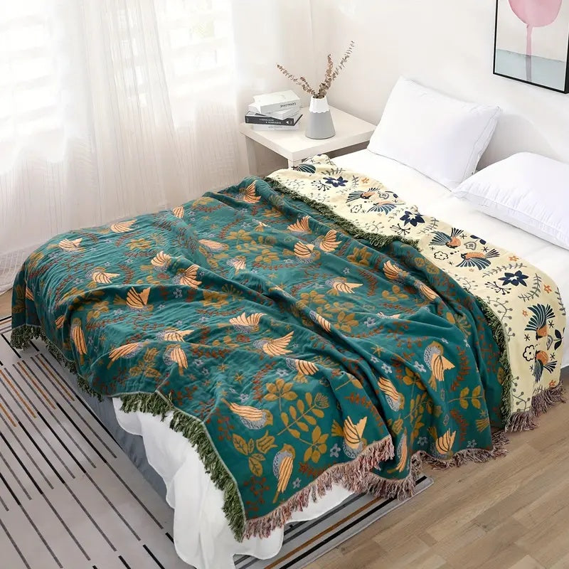 Reversible Cotton Throw Blanket with Scandinavian Bird Design