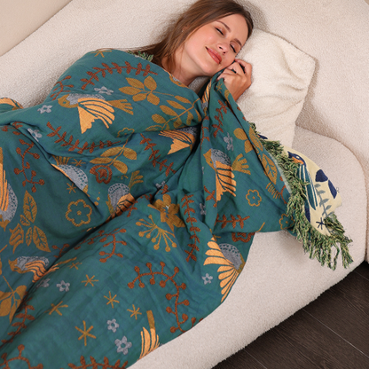 Reversible Cotton Throw Blanket with Scandinavian Bird Design