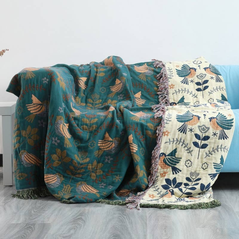 Reversible Cotton Throw Blanket with Scandinavian Bird Design