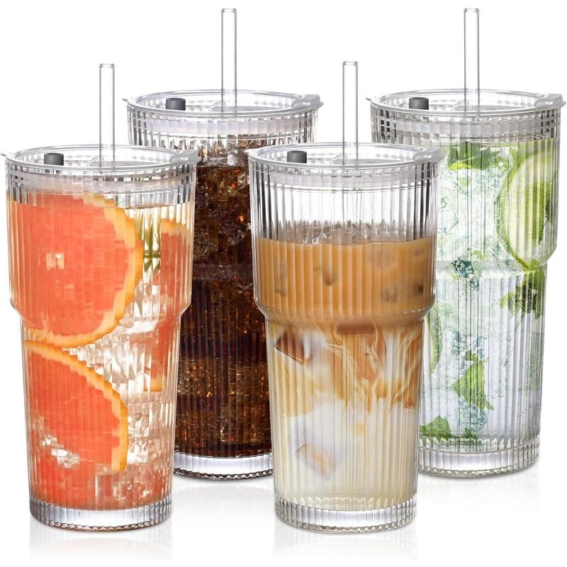 Ribbed Glass Tumbler with Leak-Resistant Lid for Hot and Cold Drinks