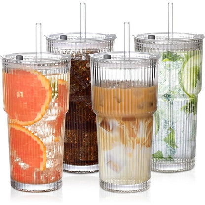 Ribbed Glass Tumbler with Leak-Resistant Lid for Hot and Cold Drinks
