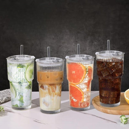 Ribbed Glass Tumbler with Leak-Resistant Lid for Hot and Cold Drinks