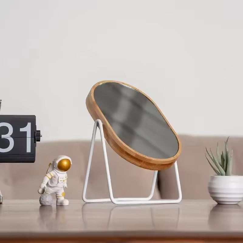Rotating Bamboo-Style Table Mirror with Oval Glass and Metal Stand