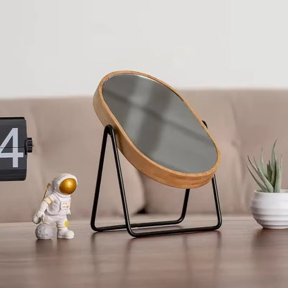 Rotating Bamboo-Style Table Mirror with Oval Glass and Metal Stand
