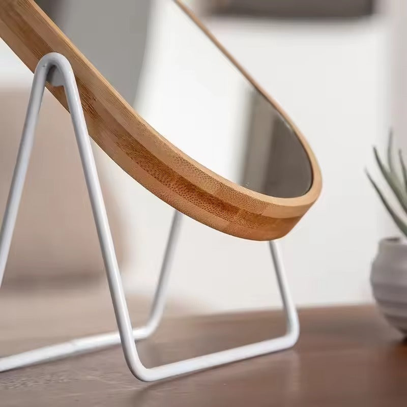 Rotating Bamboo-Style Table Mirror with Oval Glass and Metal Stand