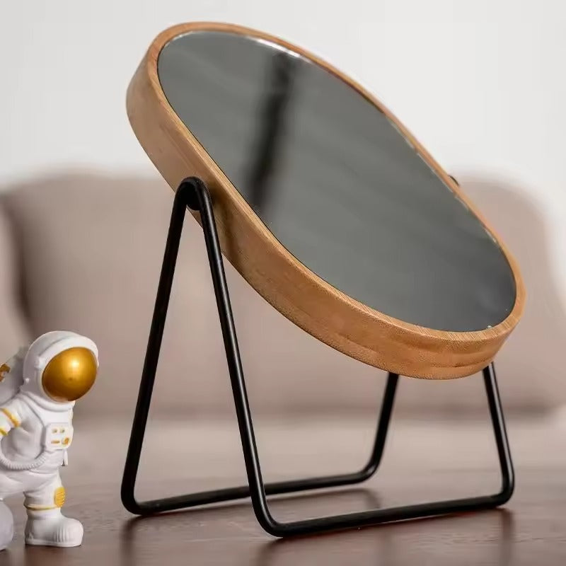 Rotating Bamboo-Style Table Mirror with Oval Glass and Metal Stand