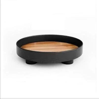 Round Wooden Coffee Table Tray with Oak Inlay and Raised Black Rim