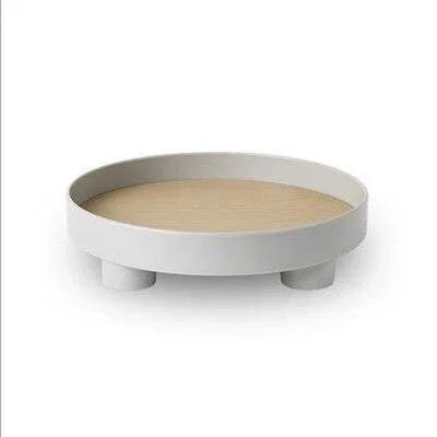 Round Wooden Coffee Table Tray with Oak Inlay and Raised Black Rim