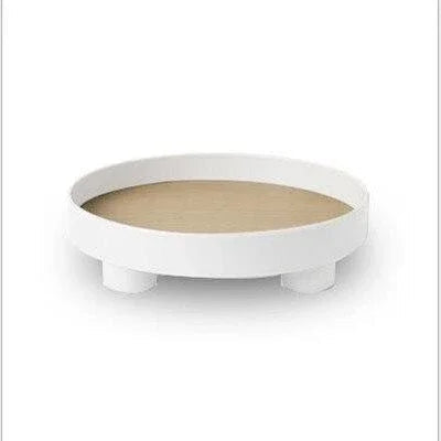 Round Wooden Coffee Table Tray with Oak Inlay and Raised Black Rim