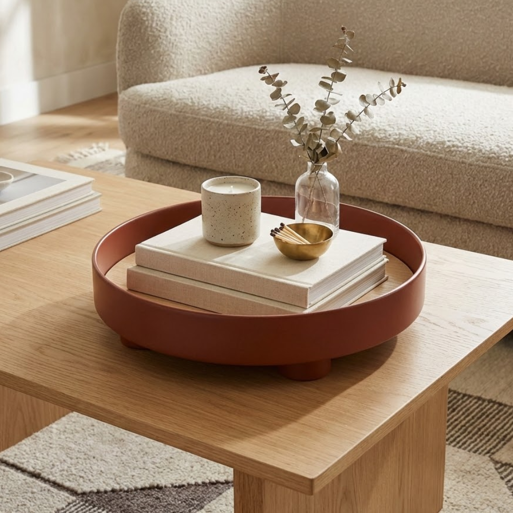 Round Wooden Coffee Table Tray with Oak Inlay and Raised Black Rim