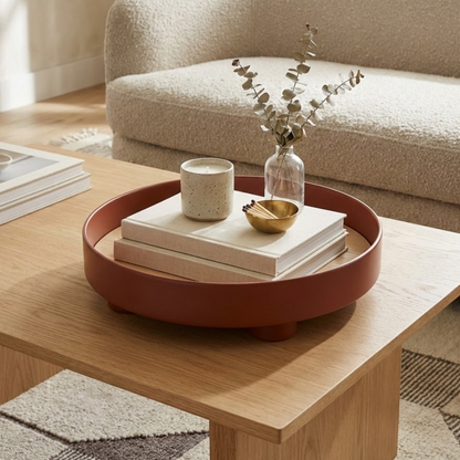Round Wooden Coffee Table Tray with Oak Inlay and Raised Black Rim