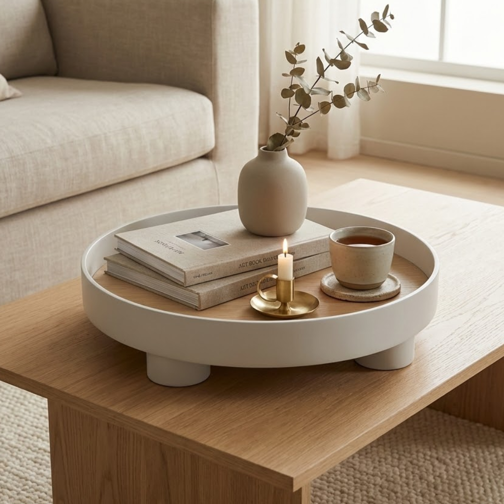 Round Wooden Coffee Table Tray with Oak Inlay and Raised Black Rim