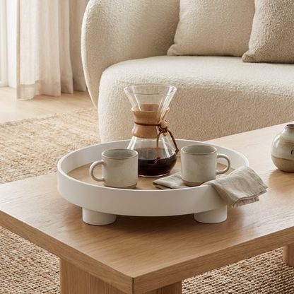 Round Wooden Coffee Table Tray with Oak Inlay and Raised Black Rim