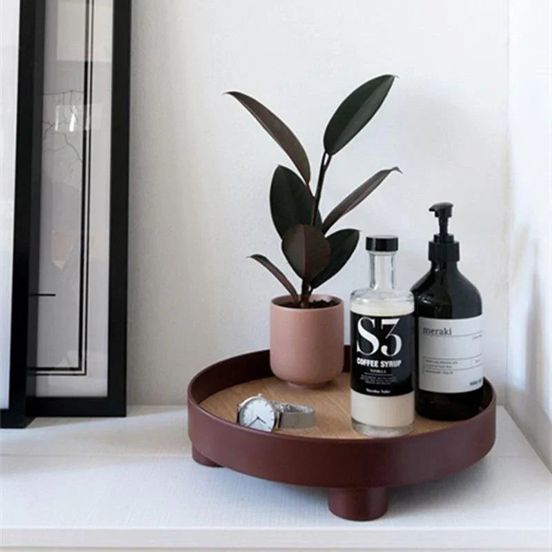 Round Wooden Coffee Table Tray with Oak Inlay and Raised Black Rim