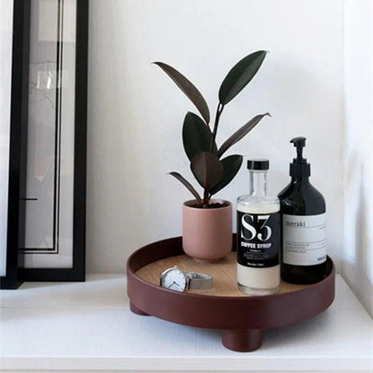 Round Wooden Coffee Table Tray with Oak Inlay and Raised Black Rim