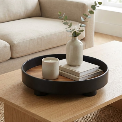 Round Wooden Coffee Table Tray with Oak Inlay and Raised Black Rim