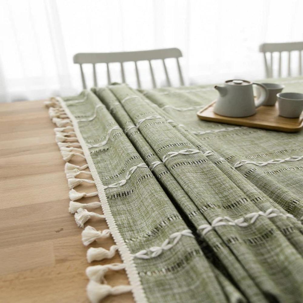 Rustic Cotton-Linen Tablecloth with Embroidered Stripe Pattern