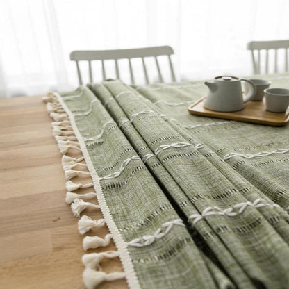 Rustic Cotton-Linen Tablecloth with Embroidered Stripe Pattern