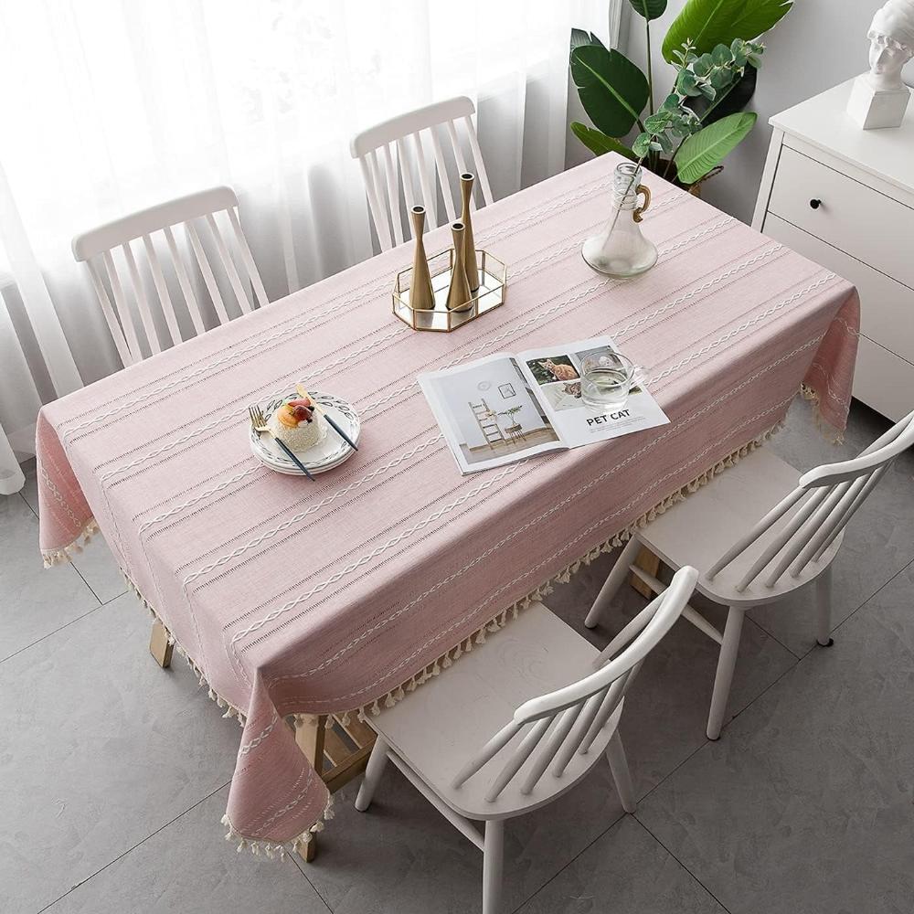 Rustic Cotton-Linen Tablecloth with Embroidered Stripe Pattern