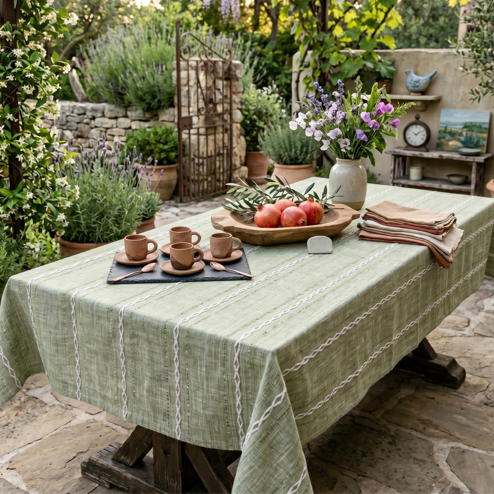 Rustic Cotton-Linen Tablecloth with Embroidered Stripe Pattern