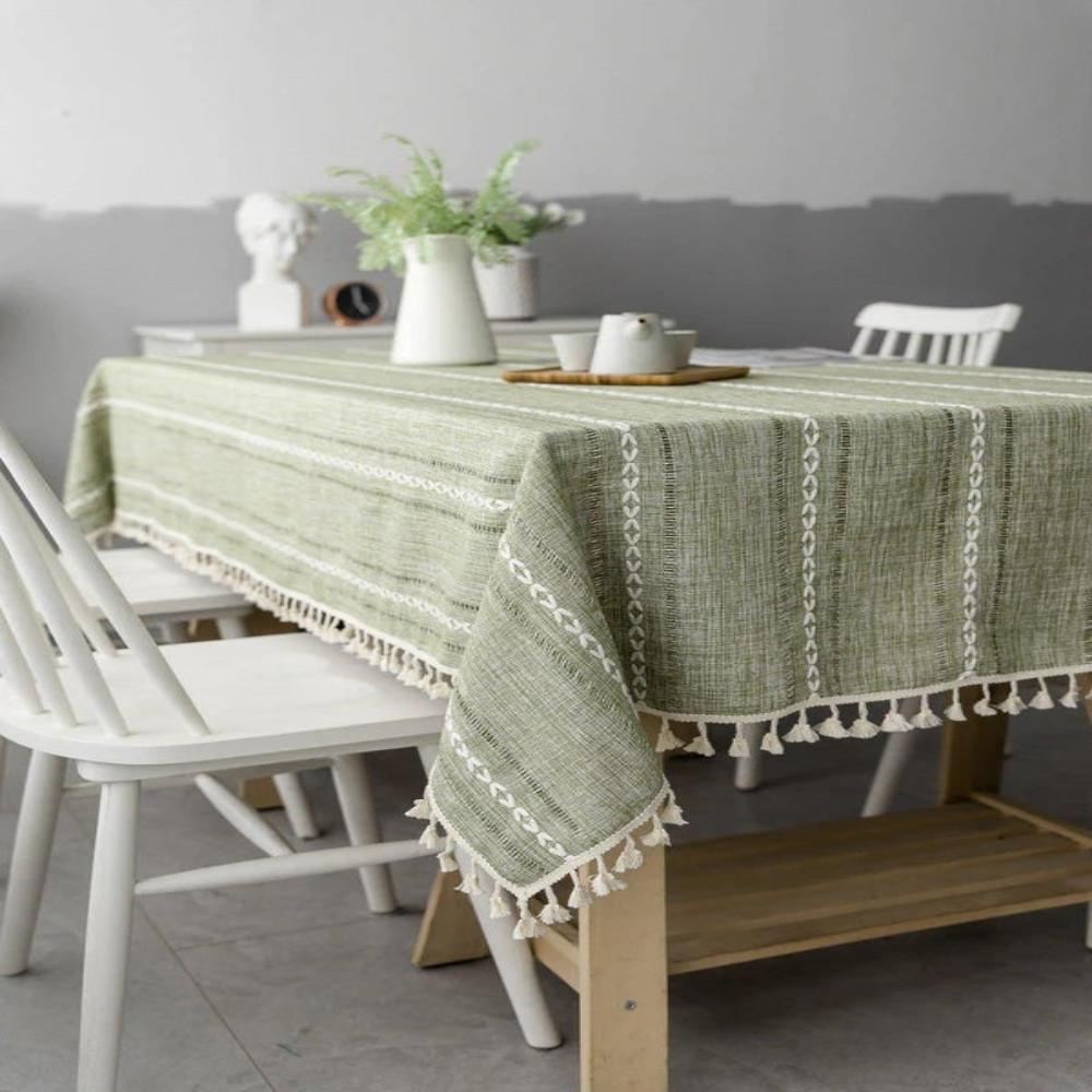 Rustic Cotton-Linen Tablecloth with Embroidered Stripe Pattern