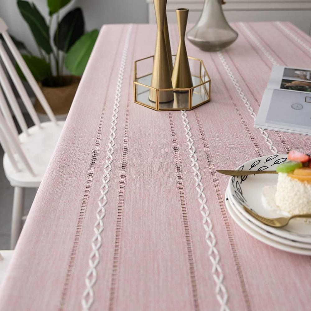 Rustic Cotton-Linen Tablecloth with Embroidered Stripe Pattern