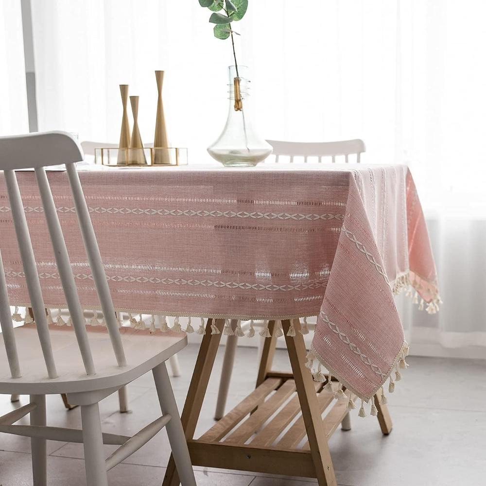 Rustic Cotton-Linen Tablecloth with Embroidered Stripe Pattern