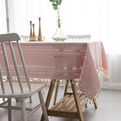 Rustic Cotton-Linen Tablecloth with Embroidered Stripe Pattern