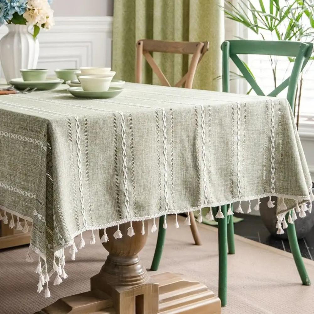Rustic Cotton-Linen Tablecloth with Embroidered Stripe Pattern