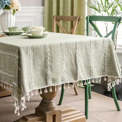 Rustic Cotton-Linen Tablecloth with Embroidered Stripe Pattern