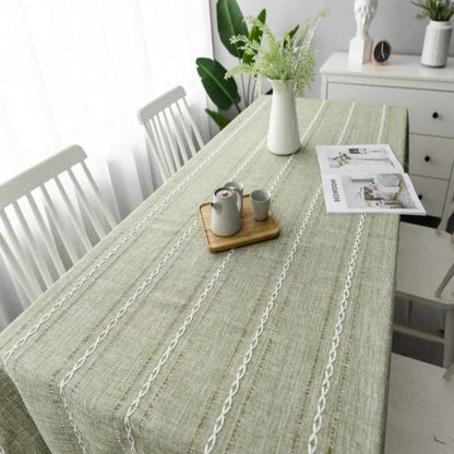 Rustic Cotton-Linen Tablecloth with Embroidered Stripe Pattern