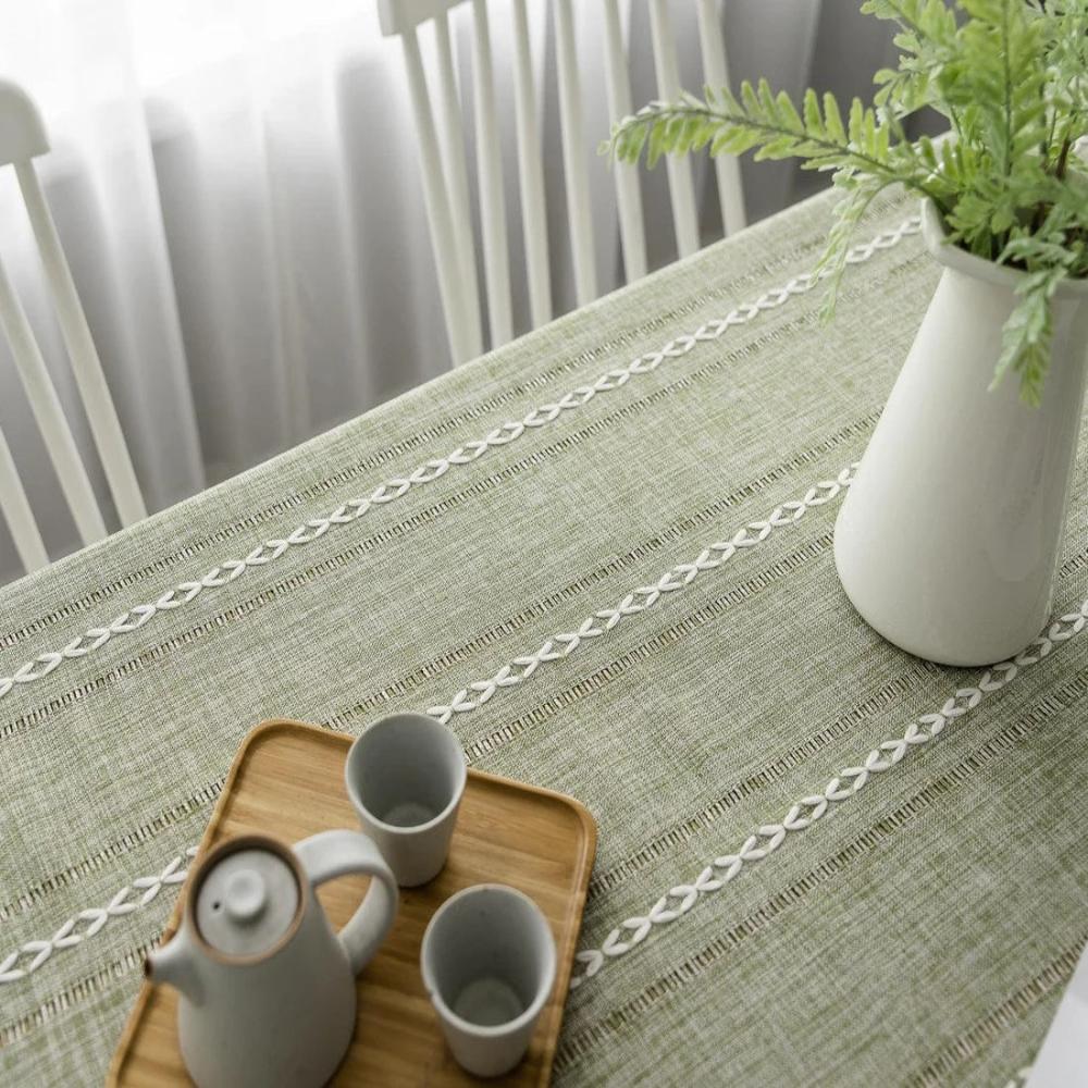 Rustic Cotton-Linen Tablecloth with Embroidered Stripe Pattern