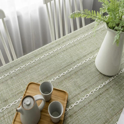 Rustic Cotton-Linen Tablecloth with Embroidered Stripe Pattern